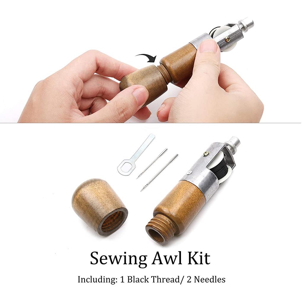 5 Pcs/Set Leather Sewing Awl Leather Craft Sewing Awl Needle Thread Kit Wooden Handle DIY Hand Sewing Tool