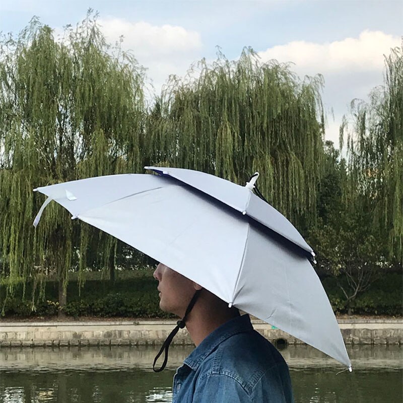 Portable Fishing Hats Double Folding Rainy Umbrella Anti-UV Rainproof Sun Protection Fishing Cap Umbrellas YS014: silver