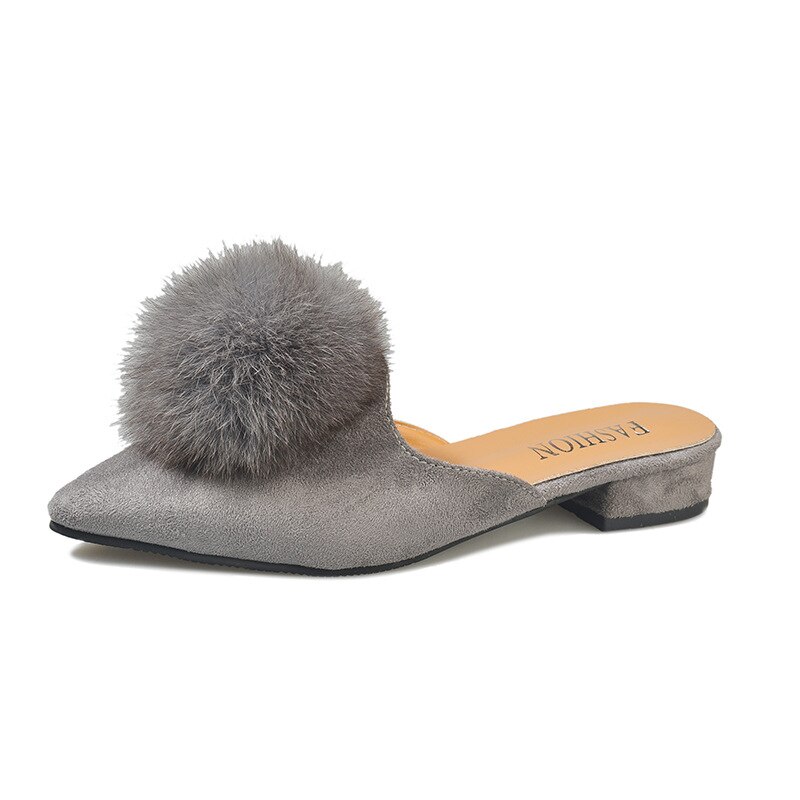 Merk pompon muiltjes schoenen dames slippers bontbal slippers dames puntige neus muiltjes sandalen platte slippers winter pluizige bont schoenen: Grijs / 5