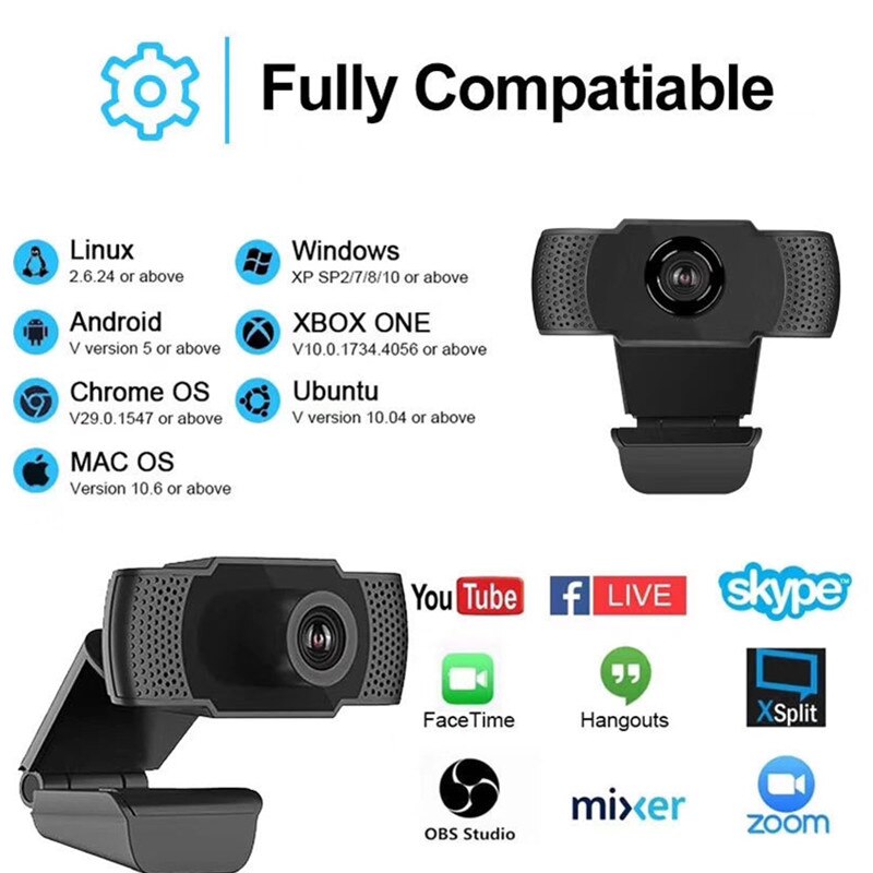 Super 1080P HD Webcam Web Camera Built-in Microphone Auto Focus 90 ° Angle of View Play &amp; Plug Free Drive