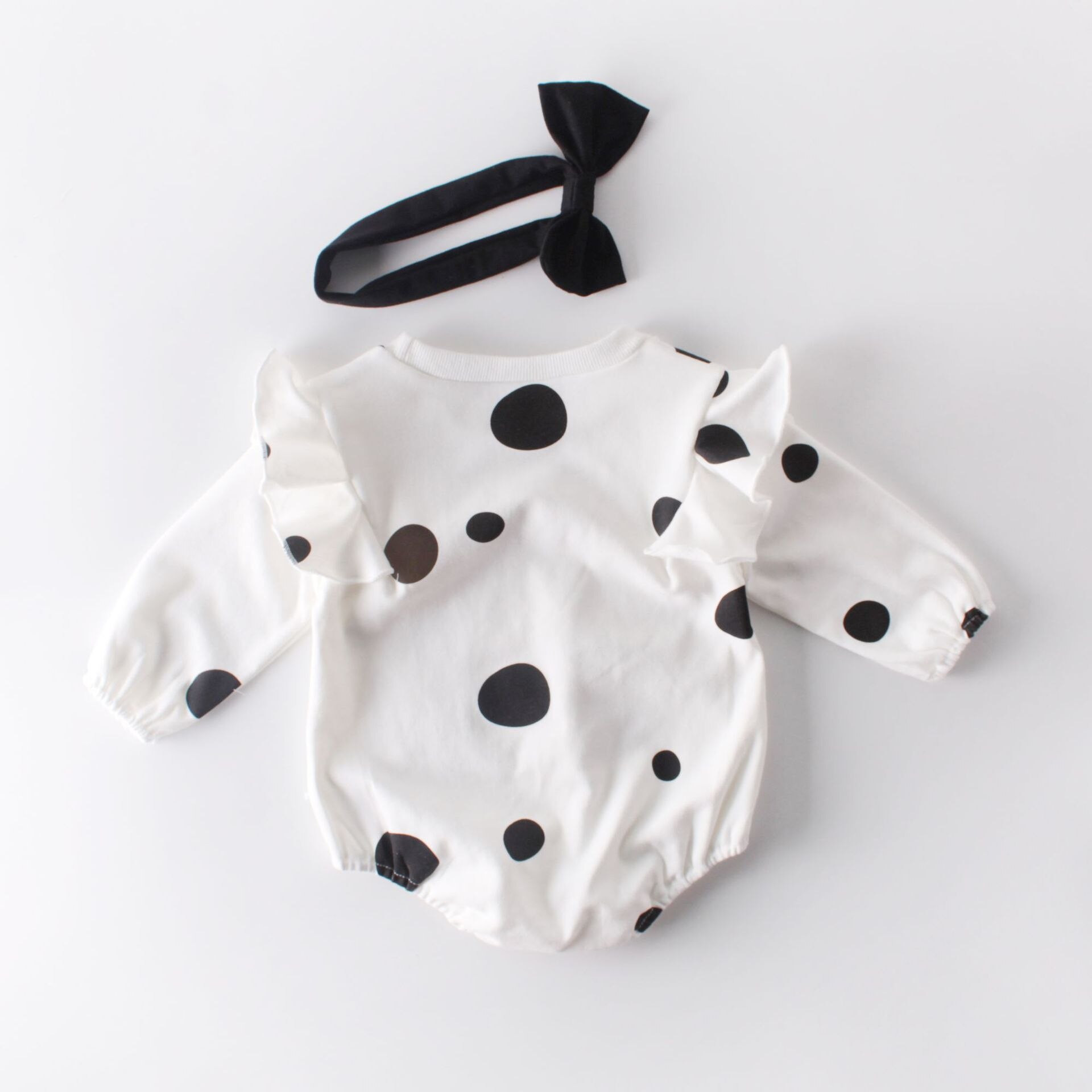 0-24M Autumn Infant Kids Girls Boys Bodysuits Polka Dot Print Ruffles Long Sleeve Jumpsuits Clothes Headband 2pcs