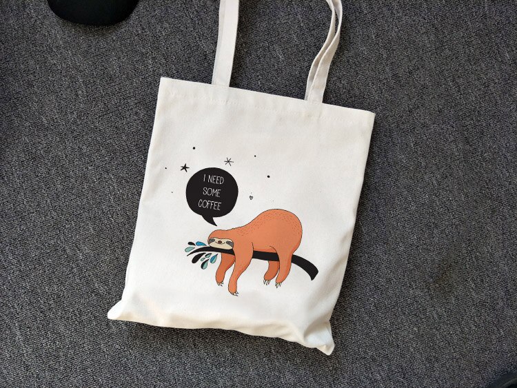 Cute Sloth Print Canvas Tote Bag Vintage Harajuku Casual Female Shoulder Bags Fun Cartoon Summer Ulzzang Bag Large Capacity: B0973-TBWH-M