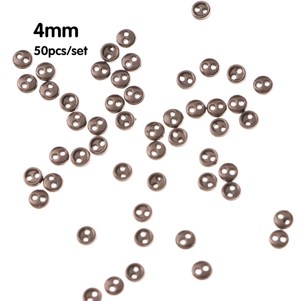 Mini Botón de muñeca para costura de bricolaje, botón de costura de bricolaje hecho a mano con 2 agujeros, botón plano para álbum de recortes, accesorios para ropa, 50 Uds.: 4MM	silver grey