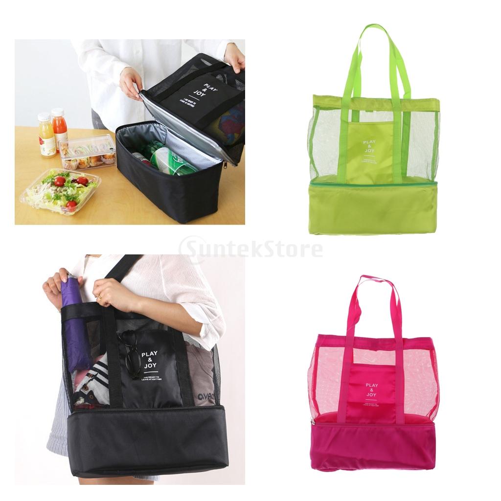 Portable 2 Compartments Insulated Cooler Bag Mesh Tote Picnic Beach Pool Parks BBQ Camping Travel