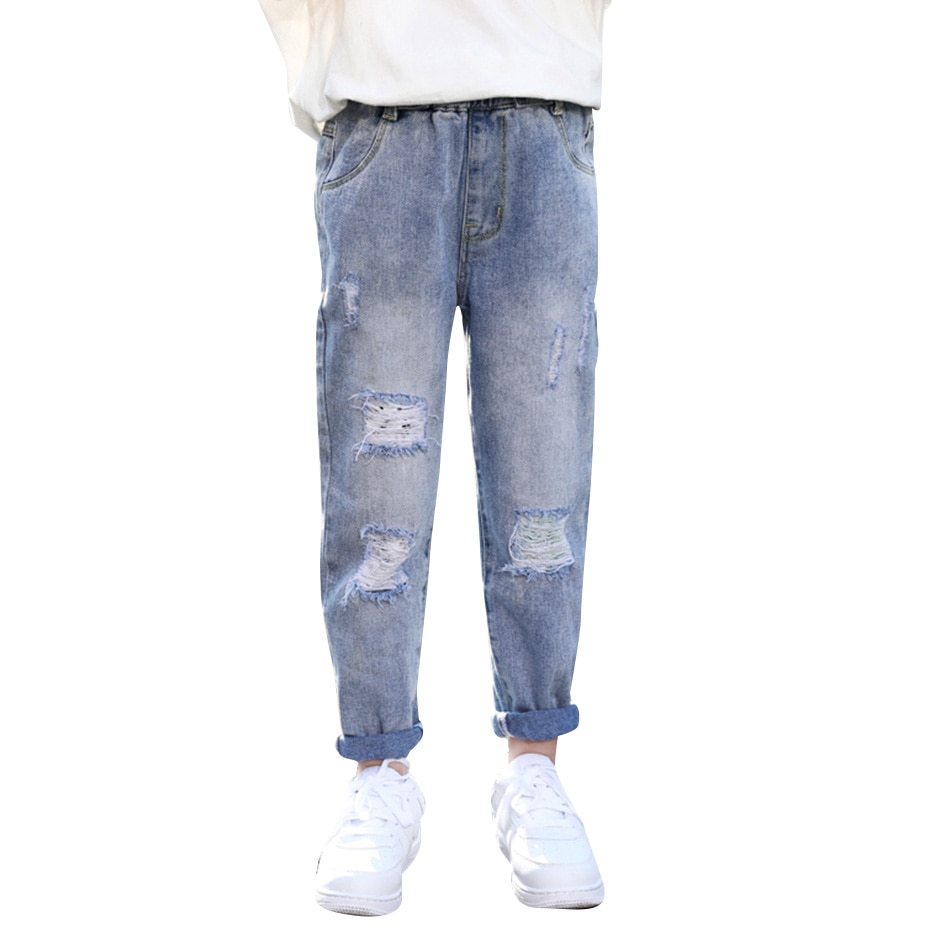 Mädchen Zerrissene Jeans Mit See Mädchen der Jeans Solide freundlicher Jeans Für Mädchen Elastische Taille freundlicher Jeans Kleidung 6 8 10 12 14
