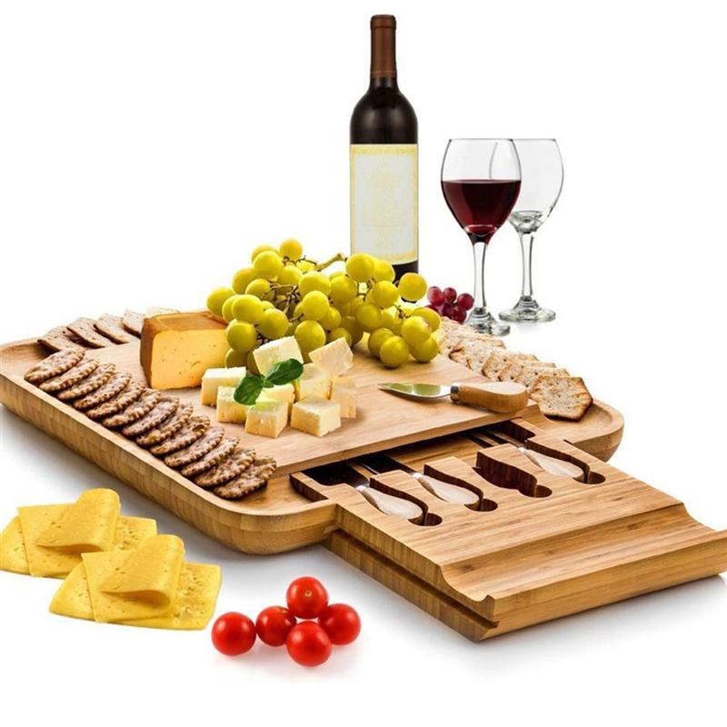Bamboo Cheese Board Cutter Set Slide-Out Drawer Serving Platter Tray Cutting Board For Cheese Fruit Dessert Kitchen Accessories