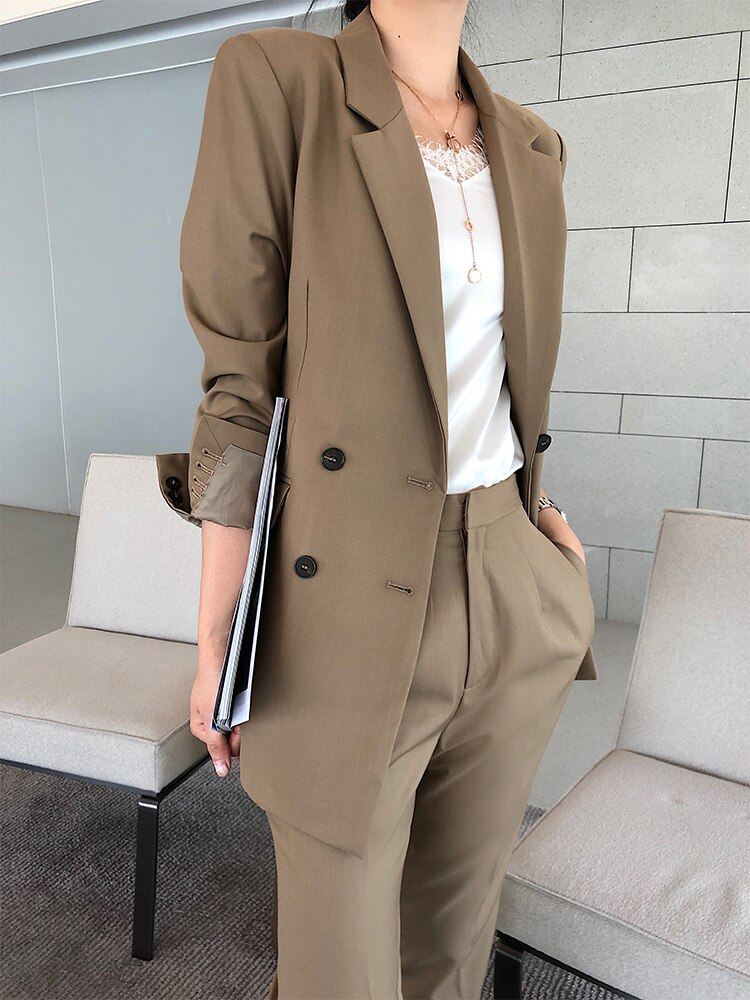 Khaki naisten housupuvut kaksirivinen bleiseri takki & korkeavyötäröinen housut vintage 2 kpl setti ol tyylinen työpuku