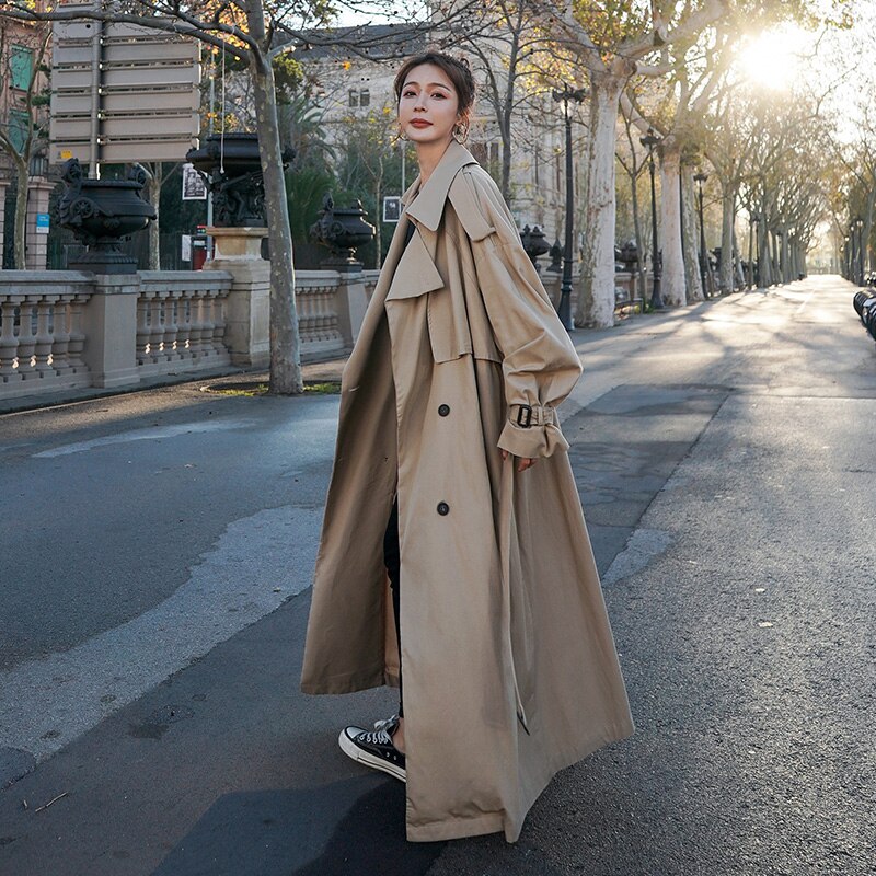 Overdimensioneret x-lang kvinders løs trenchcoat koreansk stil dobbeltbæltet bælte dame kappe vindjakke efterår vinter overtøj