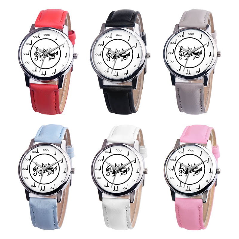OKTIME Women PU Leather Strap Wrist Watch Musical Note Round Dial Casual Analog Quartz Watches TT@88
