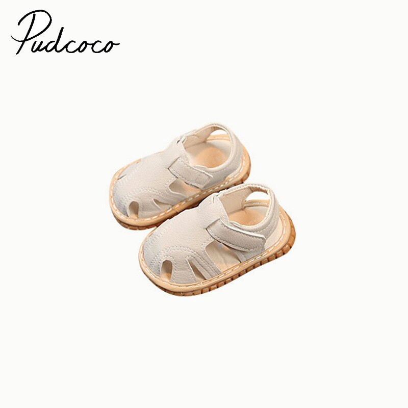 Pudcoco baby spædbørn blød sål skridsikker lukket tå baby drenge piger sommer first walkers flade knirkende sko
