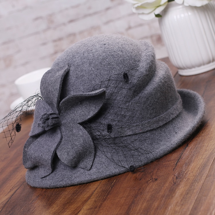 Sombrero de invierno para mujer, gorro de lana cálido estilo Gatsby, flor, , asimétrico, 1920: Mixed gray