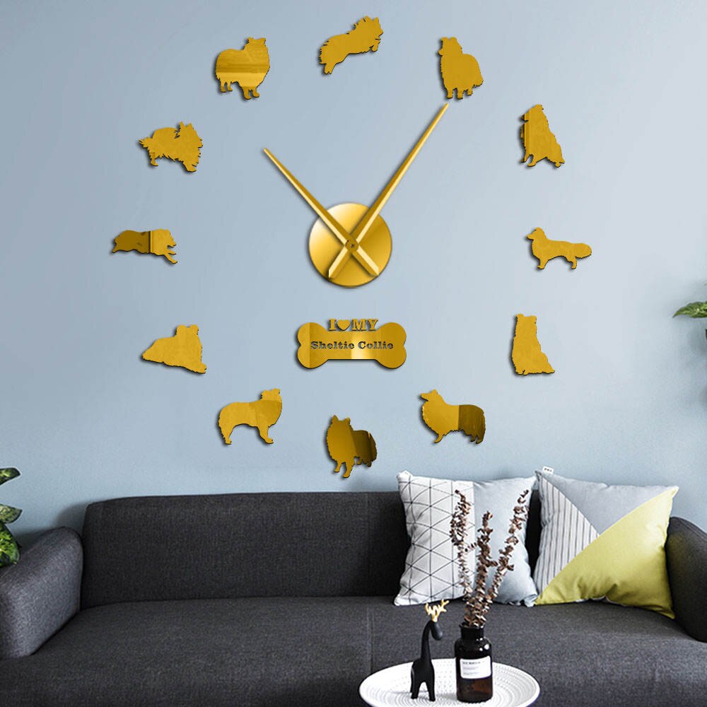 Sheltie Collie perro raza silencio cuarzo DIY pared reloj Sheltie Shetland Sheepdog cachorro sin marco Reloj de pared rugoso Collie Pet reloj