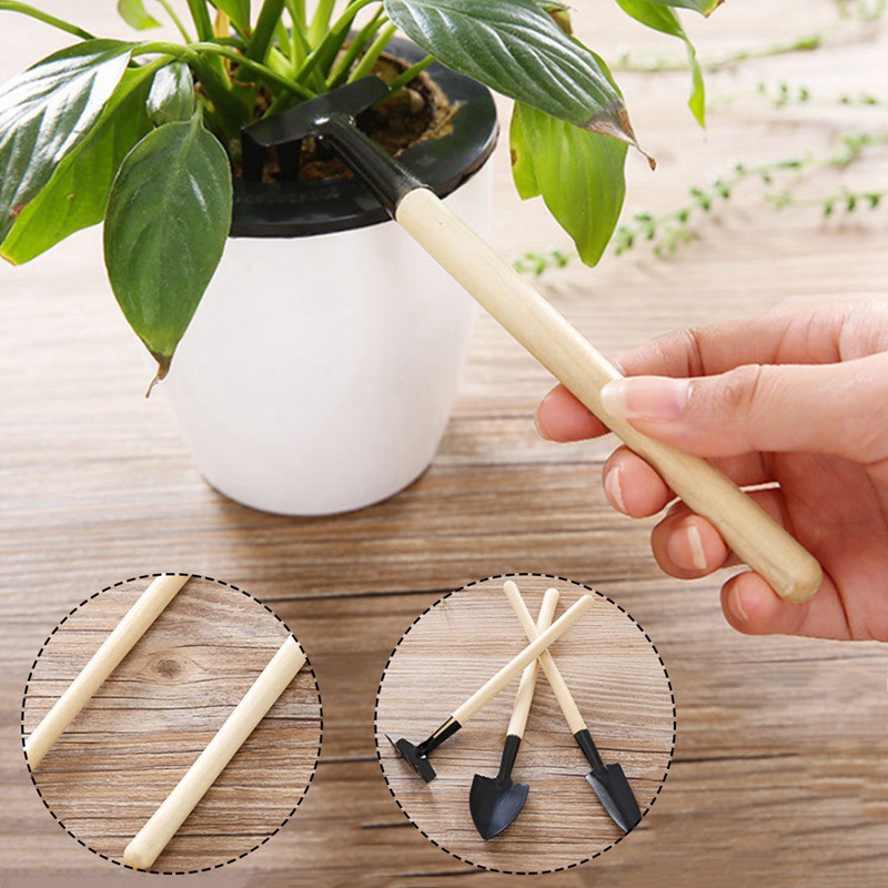 3Pcs Mini Wood Handle Metal Head Gardener Garden Hand Tool Kit Plant Gardening Shovel Spade Rake Trowel