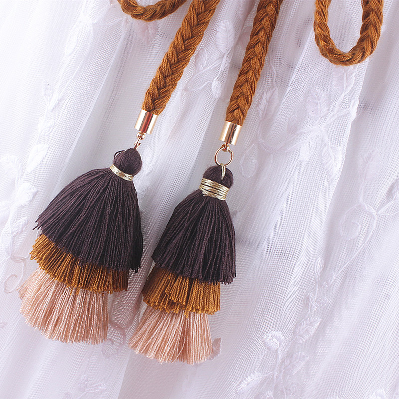 Cinturones de para mujer, cuerda para vestidos, cinturón de cintura trenzada con borlas, nudo tejido, cinturón decorado de algodón marrón y negro