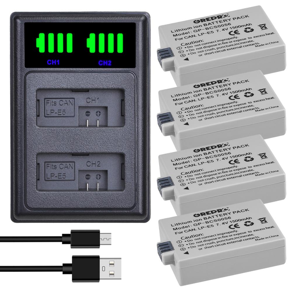 2Pcs 1500mAh LP-E5 LPE5 LP E5 Battery + LED Dual Charger with type-C Port for Canon 450D 500D 1000D Kiss X2 X3 F Rebel XSi Xli: 4B with Charger