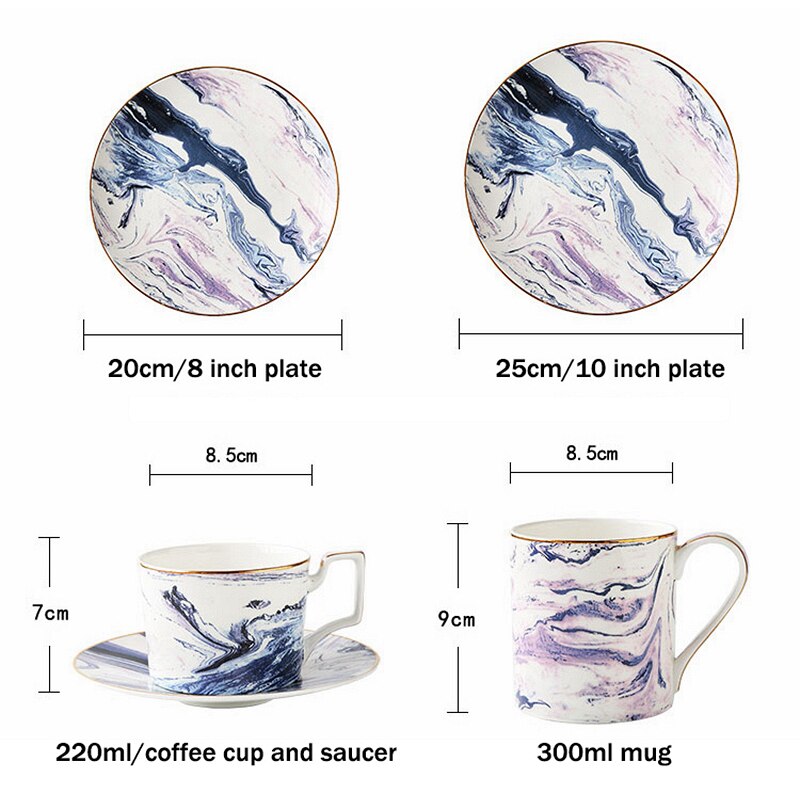 Purple Marbled Dinnerware Set Golden Ceramic Mug Dinner Plate Pasta Dishes Afternoon Tea Salad Dessert Plate Coffee Cup Saucer