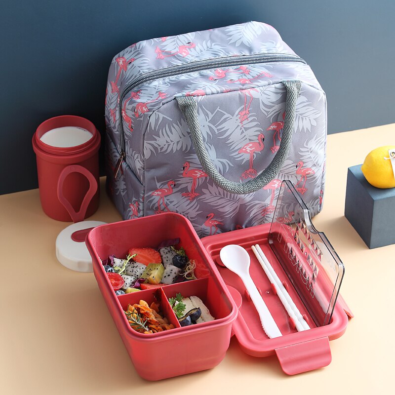 Grid Microwave Lunch Box Portable Japan Compartment Bento Box Simple Style Fruit Salad Container Storage For Kids With Tableware: RED add CUP BAG