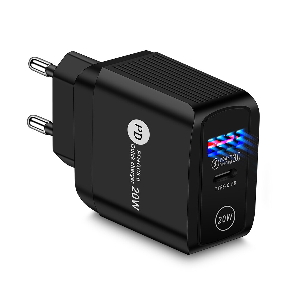 GTWIN PD 20W compatible QC 3.0 fast charging mobile phone charger EU/US/UK Plug quick charge Black For iphone 12 pro: Black-EU