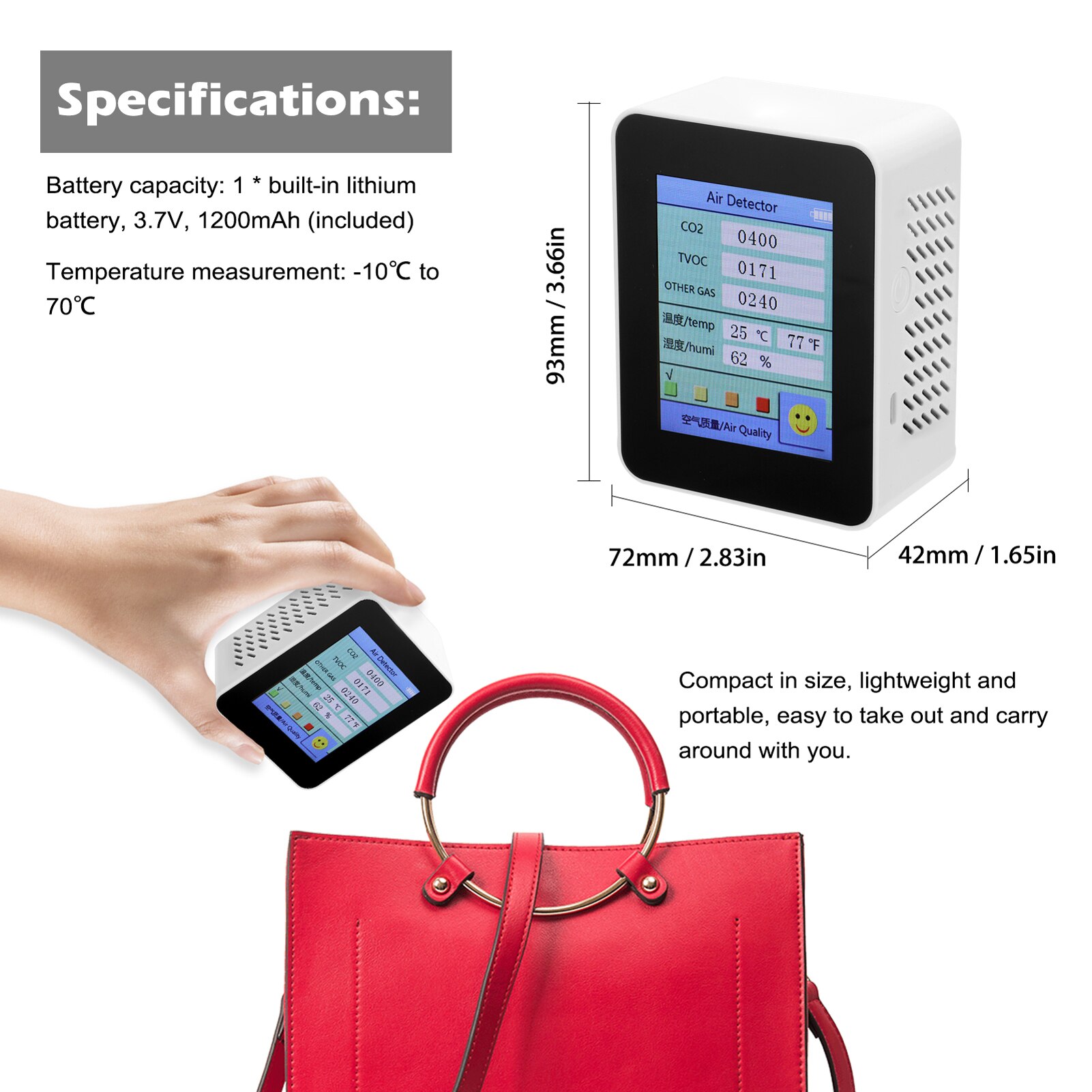 Co2 MeterSensor Air Detector CO2 Tester with Carbon Dioxide TVOC Value Electricity Quantity Temperature Humidity Display