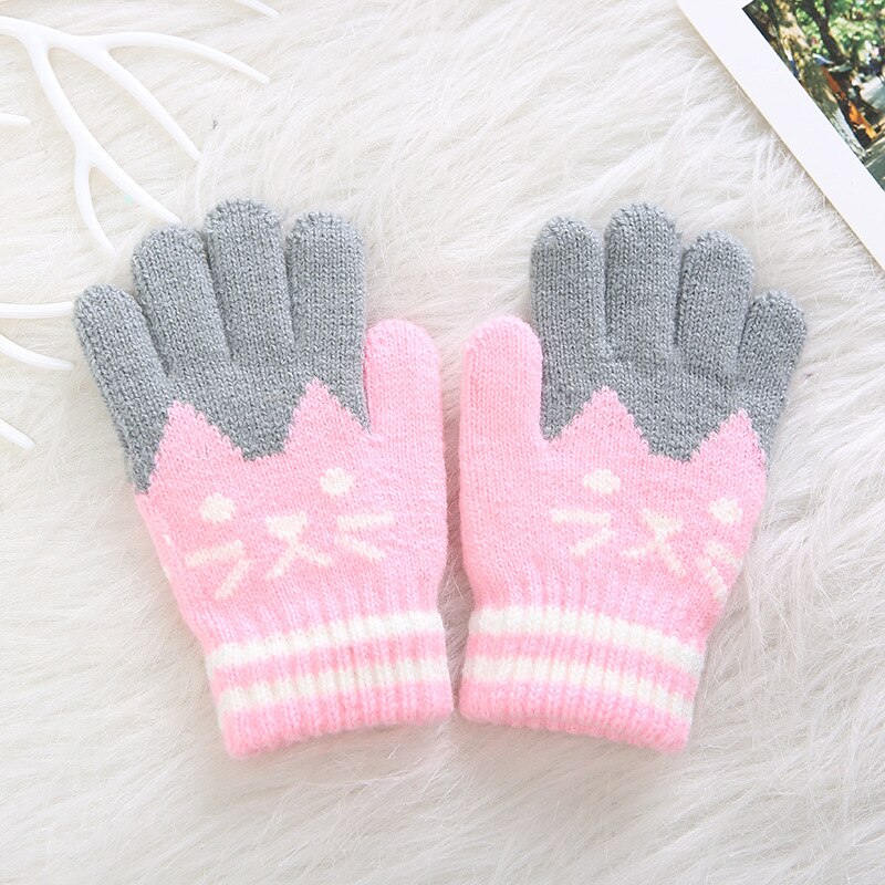 Kinderen Kids Winter Warm Thicken Patchwork Handschoenen Leuke Kat Wanten Imitatie Kasjmier Vinger Handschoenen Voor 4-8Y: 4