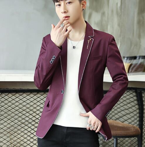 Mens casual blazers pak jasje Witte rand poly viscose Mannelijke kleding voorjaar slanke M-3XL revers pin: ASWS1813 Wine red / M