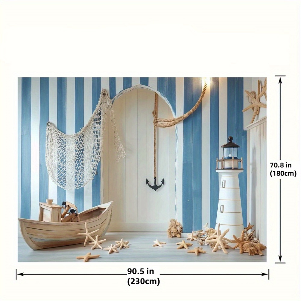 Nautical theme party background | wooden boat, lighthouse and starfish polyester, nautical decoration
