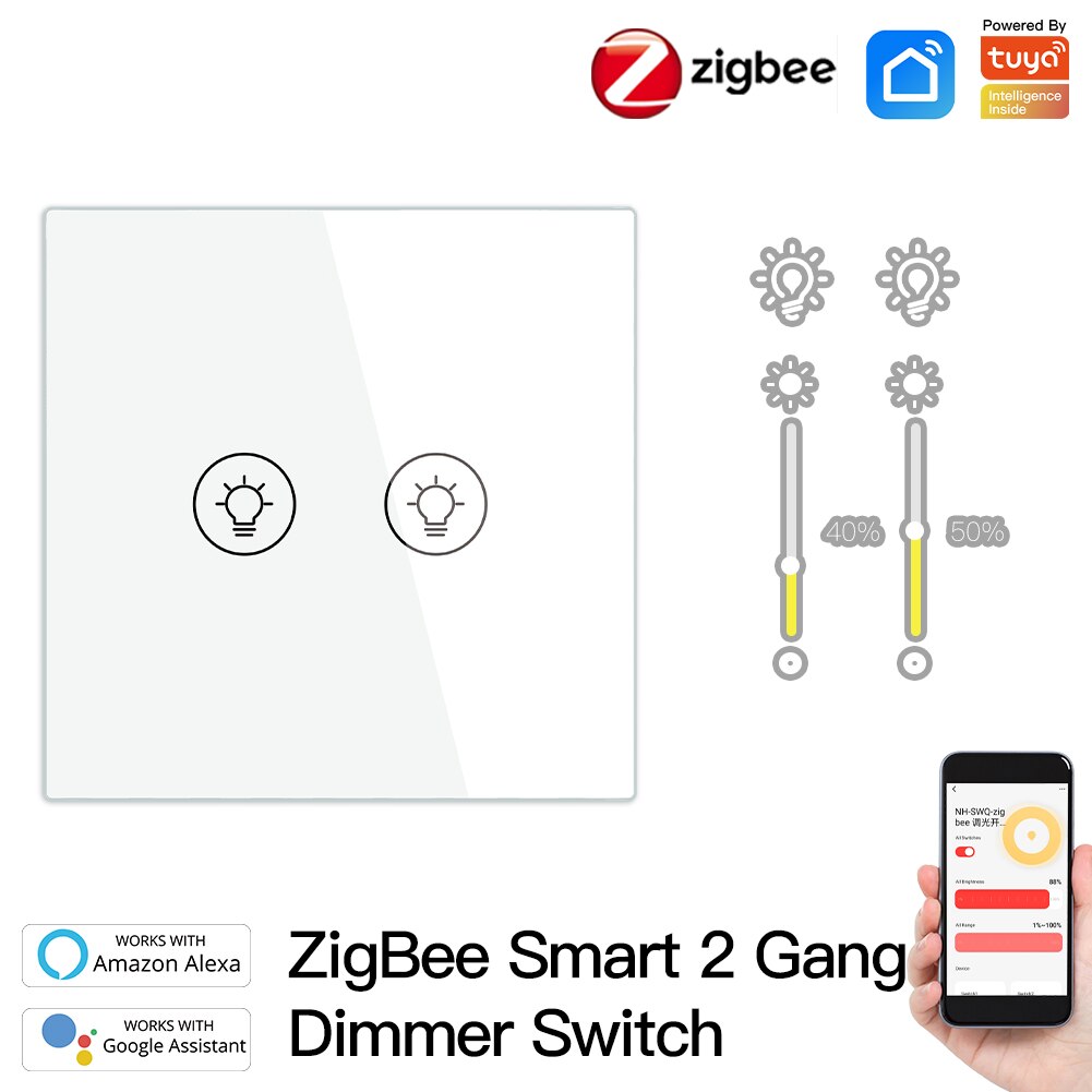 ZigBee Multi-gang Smart Light Dimmer Switch Independent Control Smart Tuya APP Control Works with Alexa Google Home 1/2/3 Gang: EU 2 Gang White