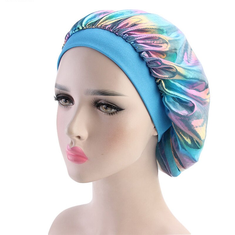 Hair Satin Bonnet For Sleeping Shower Cap Silk Bonnet Bonnet Femme Women Cap Head Cover Wide Elastic Band: Blue