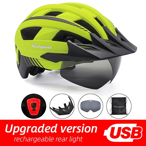 Victgoal Bicycle Helmet LED Moutain Road USB Rechargeable Light Cycling Helmet For Man Sun Visor Goggles Men MTB Bike Headgear: Yellow USB LED