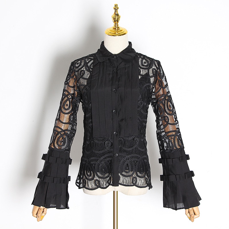 Twotwinstyle vintage patchwork kanten blouses voor vrouwen reverskraag flare lange mouwen uitgeholde shirts vrouwelijke vloed: Zwart / S