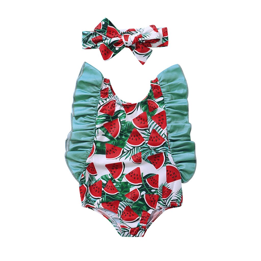 Children Kids Baby Girl Fruit Print Swimwear Swimsuit Tankini Bikini One Pieces Hat Summer Ruffle Baby Girl Bikini: 90