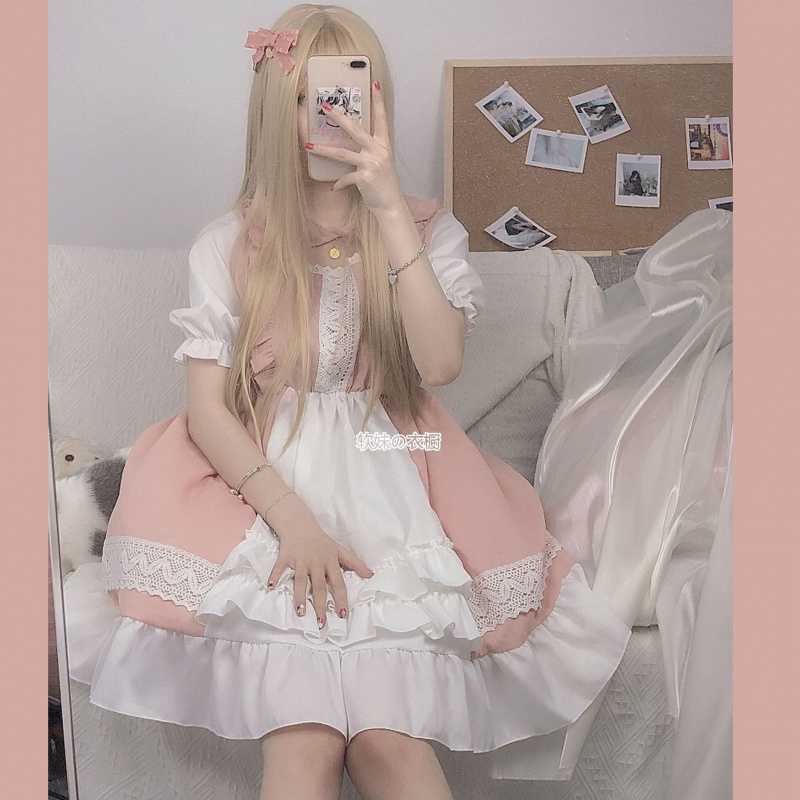 Vestido de mucama Kawaii Lolita, ropa gótica rosa para de cumpleaños, manga abombada, Harajuku japonés, con volantes y cordones, suave