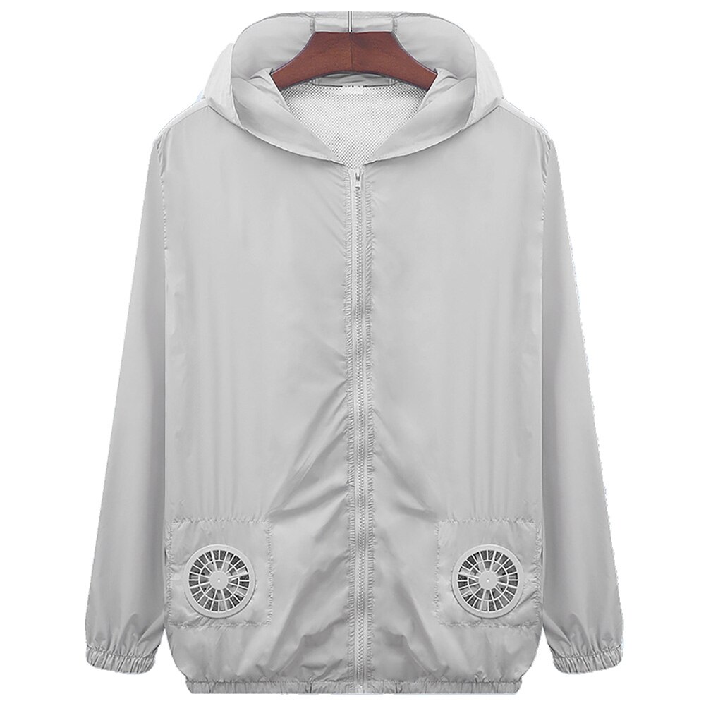 Summer Outdoor Unisex Cooling Fan Long Sleeve Hooded Jacket Sun protection clothing Working Top Coat Fishing Shirt Jacket: Grey