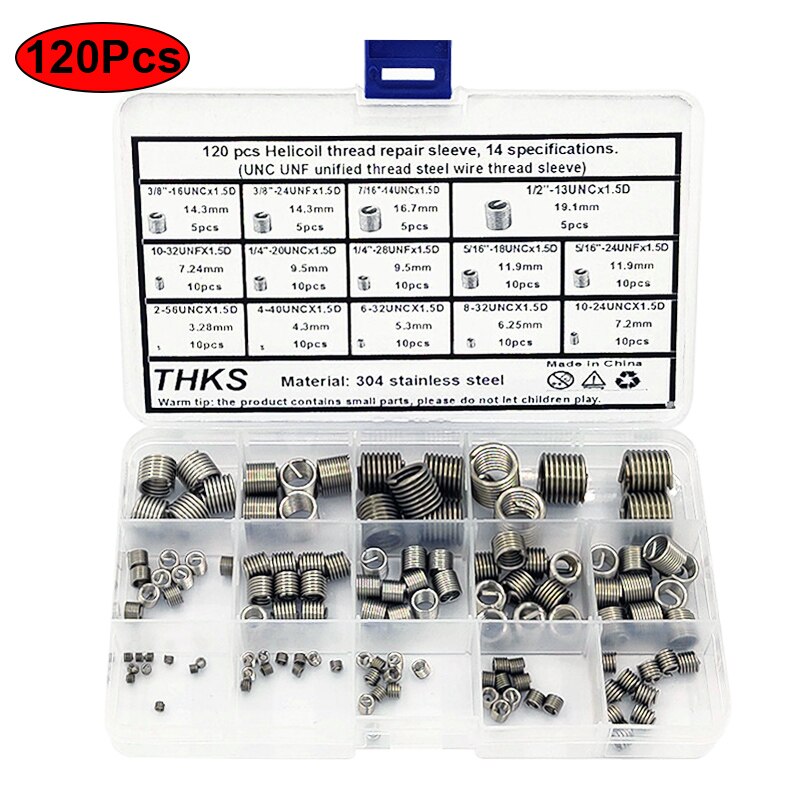 Manguito de reparación de hilo Helocoil, 120 unids/caja, 14 especificaciones UNC UNF, hilo de acero de rosca unificada
