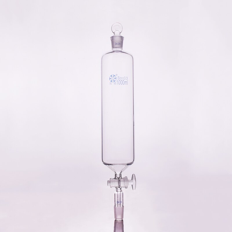 Separatory funnel cylindrical shape,standard ground mouth.Capacity 1000ml,Joint 24/29+24/29,Glass switch valve,without tick mark