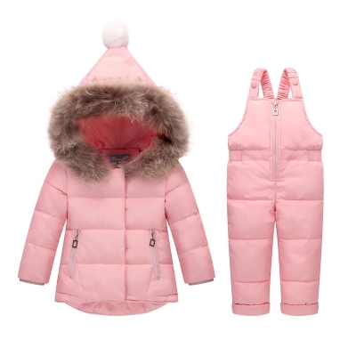 Baby Eendendons Sets Jumpsuit Sneeuw Jassen + Bib Pant 2 Stuks Set Winter Kinderen Jongen Meisjes Eendendons jassen Jas Met Bont Kap: Roze / 24M