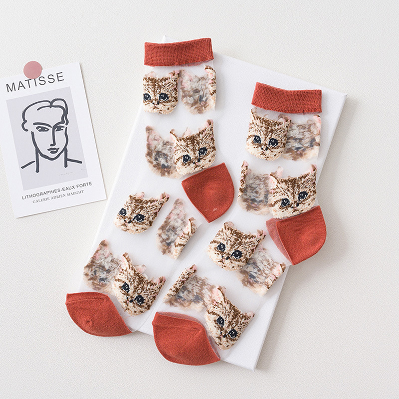 Femmes Transparent mignon chat chaussettes Kawaii dames japonaise coréenne à la été mince cristal soie chaussette en Fiber de verre bas: Or