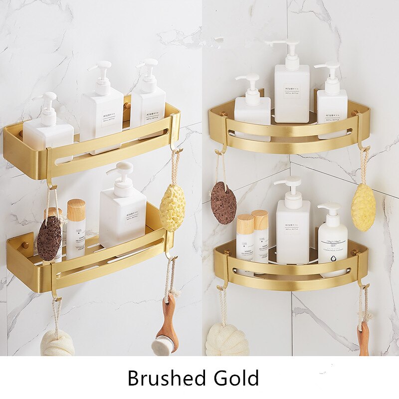 Tuqiu hjørnehylde vægmonteret badeværelseshylde børstet guld aluminium badekar brusehylde badekar shampooholder hjørnehylde