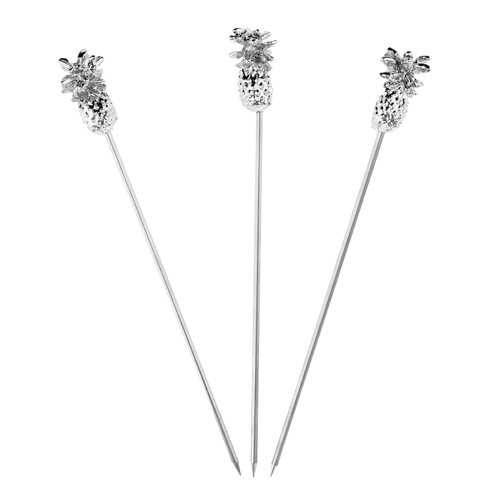 3 st rostfritt stål swizzle sticks frukt ananas stick cocktail pick för kök bar tillbehör roséguld: Silver-