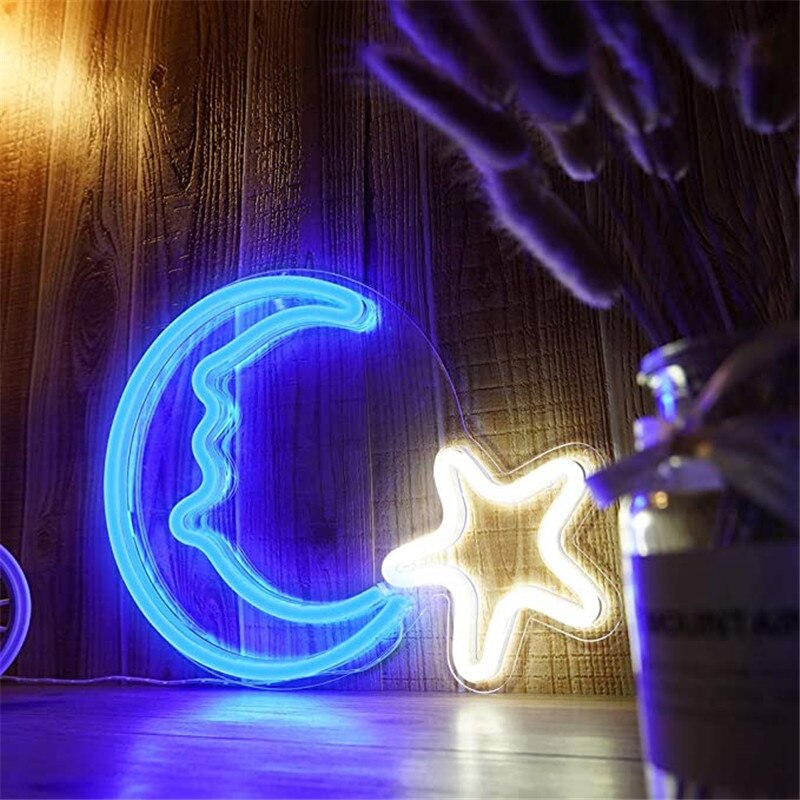 Decorative Moon Star Neon Signs Blue Neon Light Sign Wall Art Decor for Kids Bedroom Home Decoration Birthday Party Christmas