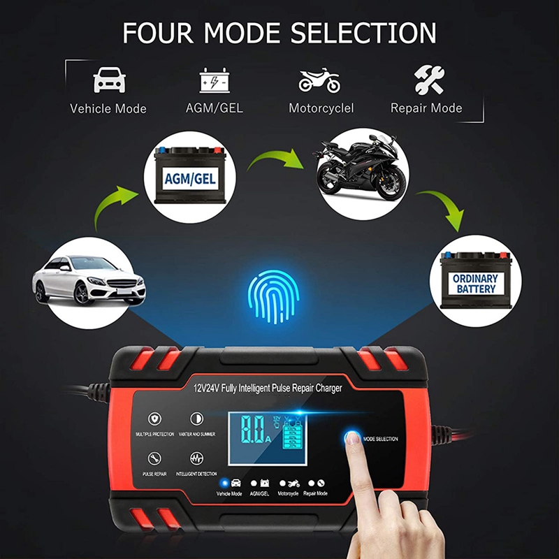 Portable Car Battery Charger,8A 12V/4A 24V Intelligent Pulse Repair Charger for Car, Motorcycle, Lawn Mower-UK Plug