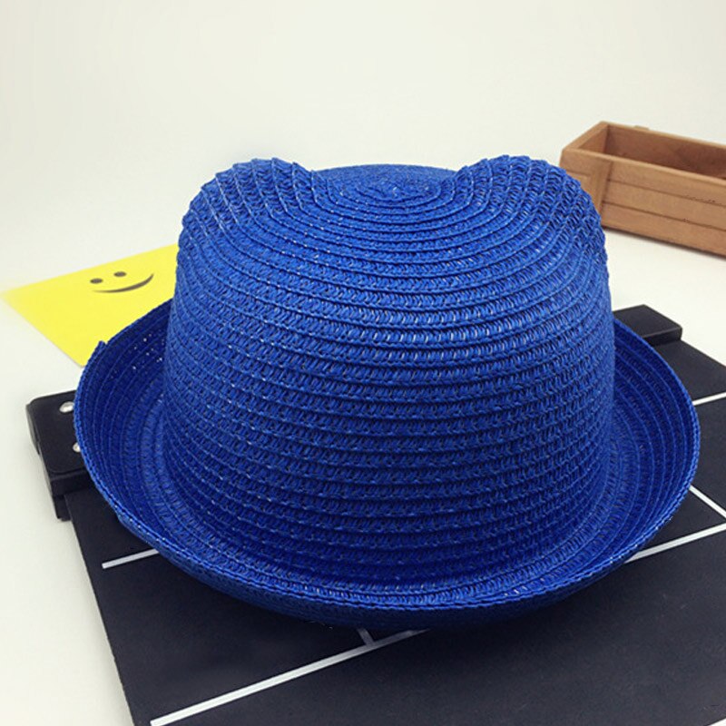 Sombreros de paja a la para chicas y niños, gorros de paja para el sol de bebé, gorro de decoración con orejas de gato flexible y sólido, dg88: Sapphire Blue
