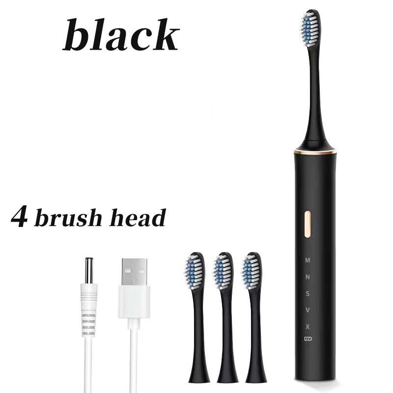 Smart electric toothbrush adult students soft hair automatic USB charging ultrasonic couples brushing comfortable and healthy: black 4Heads