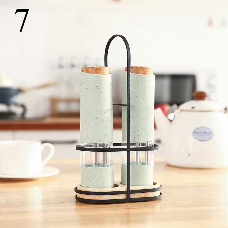 Electric Salt Pepper Grinder with LED Light Automatic Spice Mill Wheat Straw Grinders Shaker Adjustable Coarseness Ceramic Core: 2Pc Green with Stand