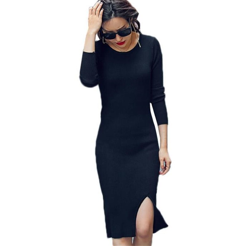 Vrouwen lange trui dress lente sexy slanke bodycon jurken skinny split dress vrouwelijke korte gebreide gewaden vestidos sf002