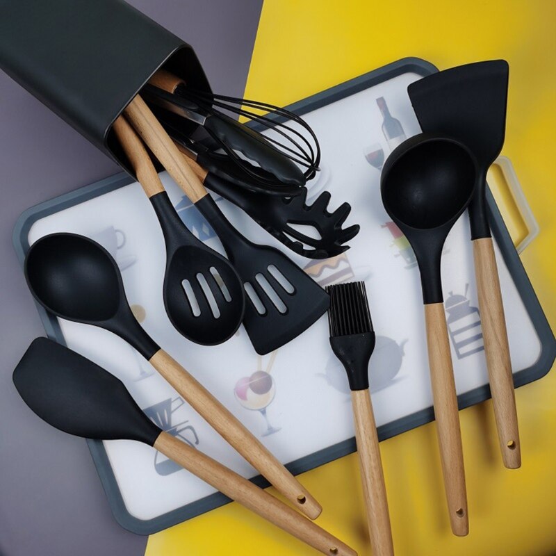 11Pcs Siliconen Koken Keukengerei Set Bamboe Houten Handgrepen Koken Tool Niet G