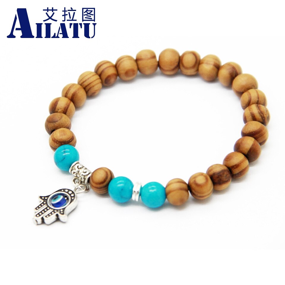 Ailatu 8mm Wood Beads Fatima Hand Hamsa Bracelets, OM Yoga Jewelry