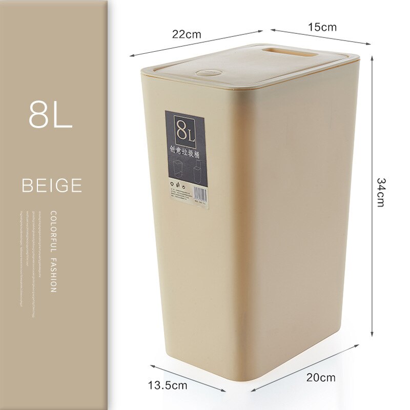 8L de basura de plástico estrecha tipo de prensa cocina, aseo residuos Bin habitación cuarto de baño cesto con tapa cubo basura doméstico: Ljt-8 Beige 8L