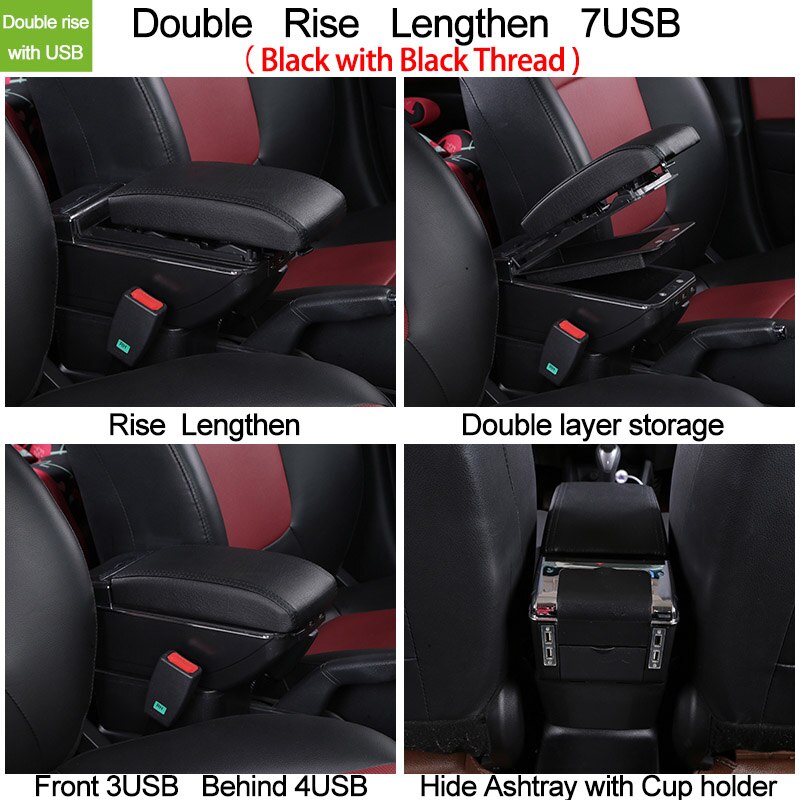 for Peugeot Partner II 2 armrest box universal car center console caja modification accessories double raised with USB: Double USB All Black