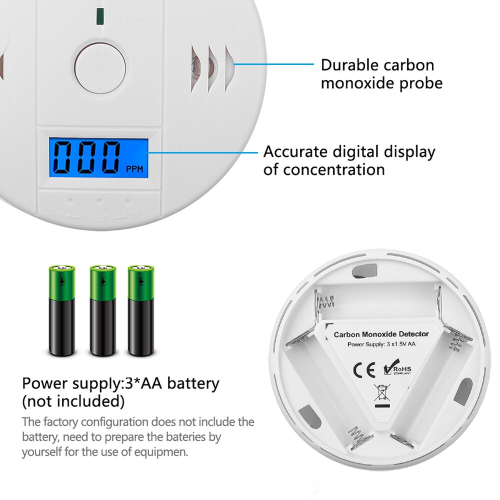 Home Security Independent CO Gas Sensor LCD Digital Screen Carbon Monoxide Environment Detector 85dB Automatic Toxic Gas Alarm